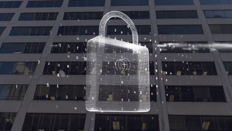 Animation-of-padlock-and-data-processing-over-cityscape