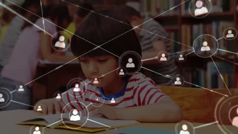 Animation-of-networks-of-connections-over-biracial-schoolboy-reading-book