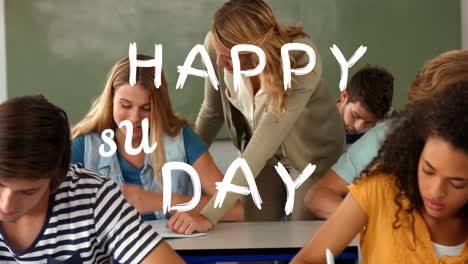 Animation-of-happy-substitute-day-text-over-students-with-cauacasian-female-teacher
