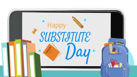Stack-of-books-and-school-bag-icon-against-happy-substitute-day-text-over-smartphone-icon