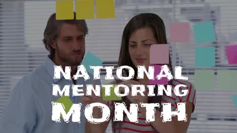 Animation-of-national-mentoring-month-text-over-caucasian-business-people-taking-notes