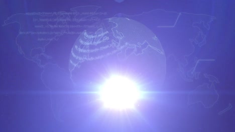 Animation-of-globe-and-light-trails-with-world-map-on-blue-background