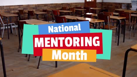 Animation-of-national-mentoring-month-text-over-empty-classroom