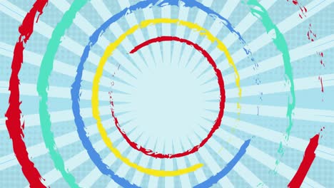 Animation-of-multi-coloured-circles-spinning-on-blue-stripes-in-background