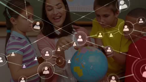 Animation-of-networks-of-connections-over-diverse-female-teacher-and-schoolchildren-reading-globe