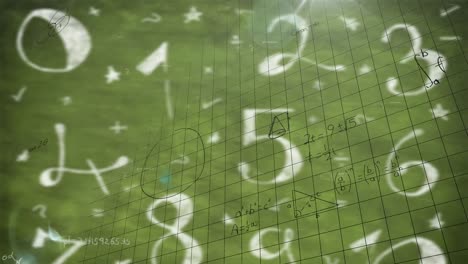Animation-of-mathematical-equations-over-numbers-on-green-background