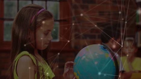Animation-of-networks-of-connections-over-caucasian-schoolgirl-reading-globe