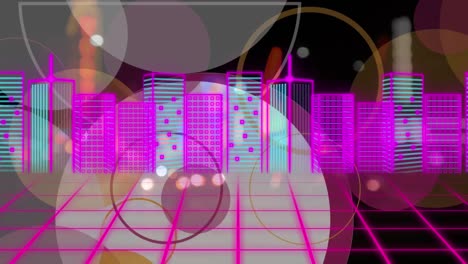 Animation-of-digital-city-scape-and-circles-over-blurred-background