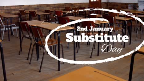 Animation-of-substitute-day-text-over-empty-classroom