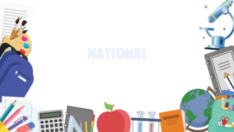 Animation-of-national-mentoring-month-text-with-school-items-on-white-background
