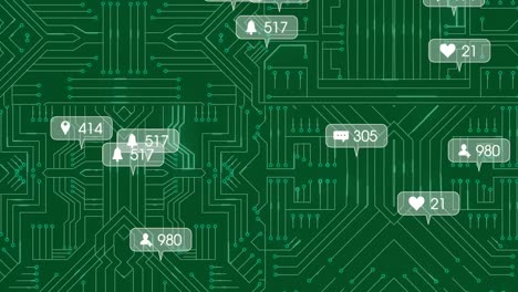 Animation-of-social-media-icons-with-growing-numbers-over-computer-circuit-board
