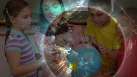 Animation-of-digital-globe-over-diverse-female-teacher-and-schoolchildren-reading-globe