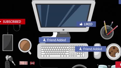 Animation-of-social-media-text-and-icons-with-computer-and-office-items-on-desk