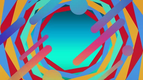 Animation-of-multiple-colourful-moving-circles-and-shapes-on-blue-background