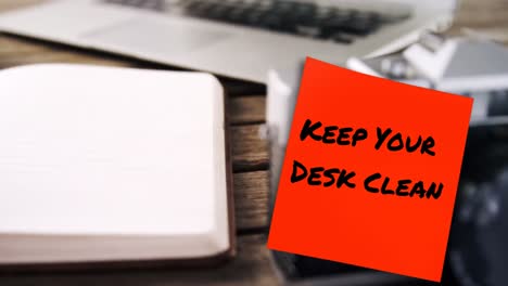 Animation:-Halten-Sie-Ihren-Schreibtisch-Sauber,-Notizen-Und-Büroartikel-Auf-Dem-Schreibtisch