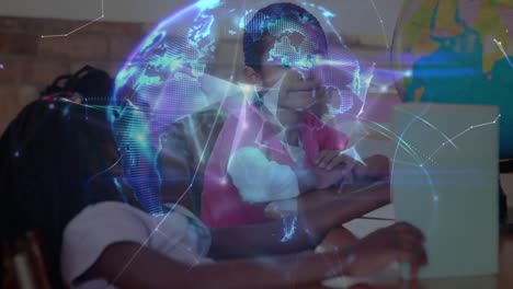 Animation-of-networks-of-connections-and-digital-globe-over-diverse-schoolchildren-reading-globe