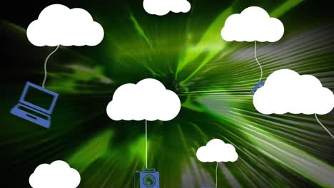 Animation-Von-Mediensymbolen-Mit-Wolken-Auf-Grünem,-Bewegtem-Hintergrund