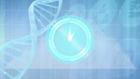 Animation-of-clock-moving-and-medical-icons-over-dna-strand