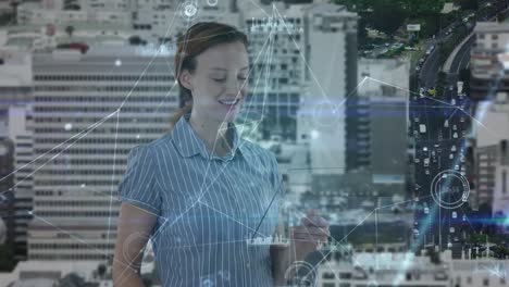 Animation-of-caucasian-businesswoman-using-tablet-and-network-of-connections-over-cityscape