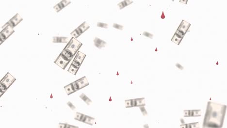 Animation-of-blood-drops-and-banknotes-falling-on-white-background