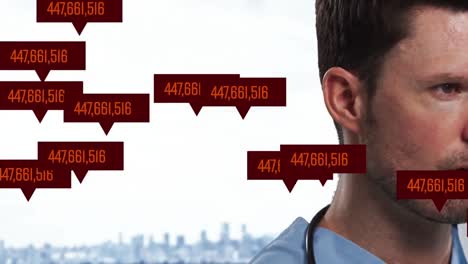 Animation-of-numbers-floating-over-caucasian-male-doctor-with-face-mask