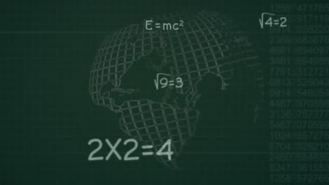 Animation-of-mathematical-equations-and-globe-over-black-background