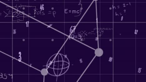 Animation-of-mathematical-equations-and-numbers-over-black-background
