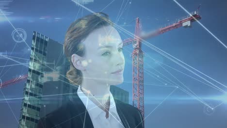 Animation-of-caucasian-businesswoman-and-network-of-connections-over-cityscape