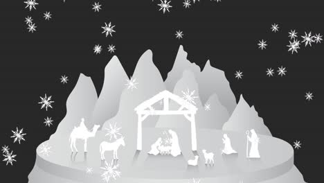Animation-of-snow-falling-over-nativity-on-black-background