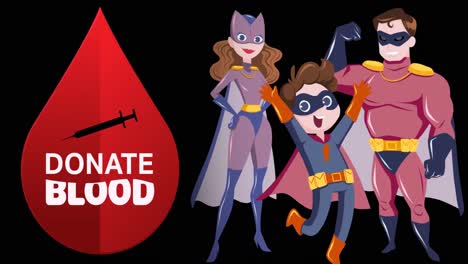 Animation-of-donate-blood-text-with-blood-drop-and-superheroes-on-black-background