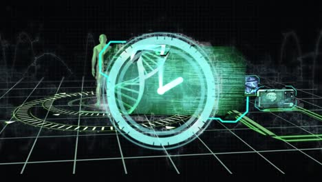 Animation-Der-Uhrbewegung-Und-Datenverarbeitung-über-Digitalen-Menschen