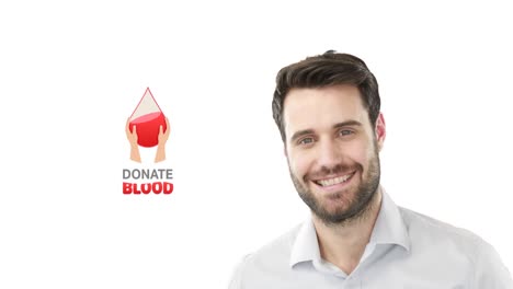 Animation-of-donate-blood-text-in-red-with-blood-drop-and-smiling-caucasian-man-on-white-background