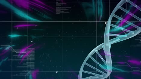 Animation-of-data-processing-and-purple-trails-over-dna-strand