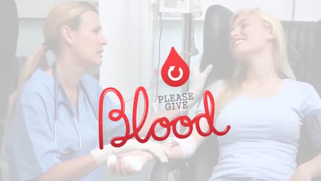 Animation-of-blood-drop-and-please-give-blood-text-over-caucasian-female-doctor-talking-with-patient