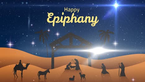 Animation-of-happy-epiphany-text-over-snow-falling-and-nativity-scene