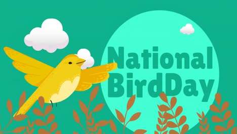 Animation-Des-Textes-Zum-Nationalen-Vogeltag-Mit-Vogel--Und-Blumensymbolen-Auf-Grünem-Hintergrund