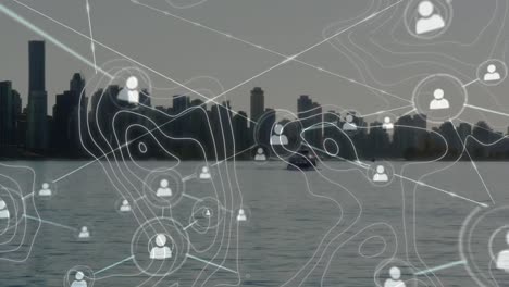 Animation-Eines-Netzwerks-Von-Verbindungen-Und-Weißen-Linien-über-Dem-Stadtbild