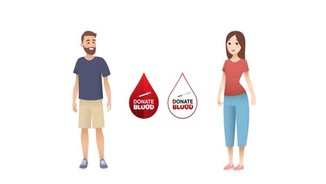 Animation-of-donate-blood-text-with-blood-drops-and-man-and-woman-on-white-background