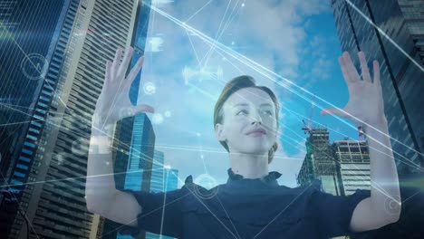 Animation-of-caucasian-woman-touching-virtual-screen-and-network-of-connections-over-cityscape