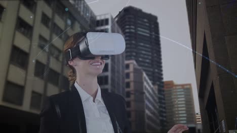 Animation-of-caucasian-businesswoman-using-vr-headset-and-network-of-connections-over-cityscape
