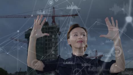 Animation-of-caucasian-woman-touching-virtual-screen-and-network-of-connections-over-cityscape