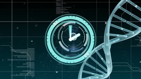Animation-Der-Bewegung-Der-Uhr-Und-Des-Scannens-Des-Zielfernrohrs-über-Dem-DNA-Strang