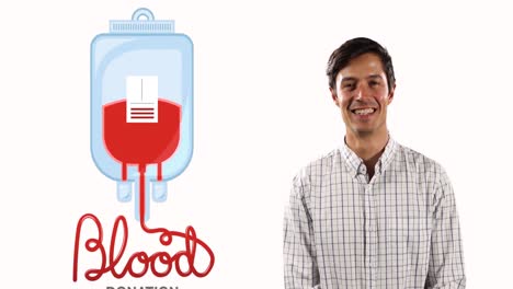 Animation-of-blood-donation-text-with-smiling-caucasian-man-on-white-background