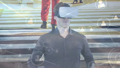 Animation-of-caucasian-businessman-using-vr-headset-and-network-of-connections-over-street
