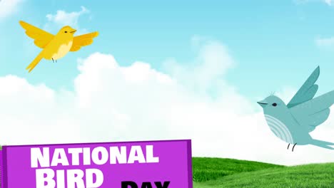 Animation-of-national-bird-day-text-with-two-flying-birds-over-lawn-and-clouds