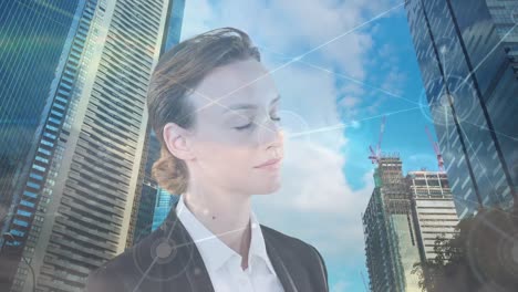 Animation-of-caucasian-businesswoman-and-network-of-connections-over-cityscape