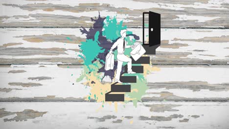 Animation-of-man-walking-up-the-stairs-icon-over-wooden-background