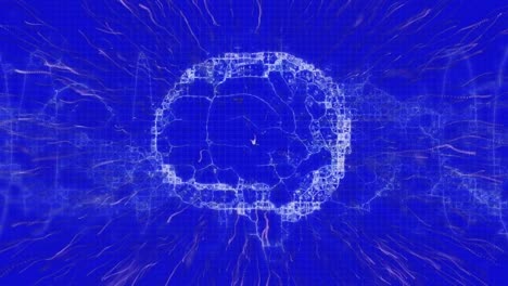 Animation-Des-Menschlichen-Gehirns-Und-Blaue-Spuren-Auf-Dunkelblauem-Hintergrund