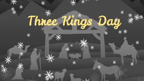 Animation-of-three-kings-day-text-over-snow-falling-and-nativity-scene