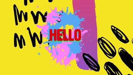 Animation-of-hello-text-over-shapes-on-yellow-background